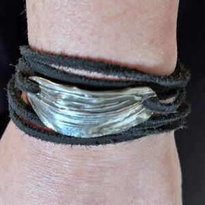 Sterling Silver Leather Cuff Bracelet Tie Wrap Yoga Antique 925 Boho Gift NWT